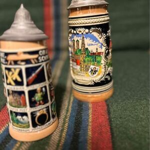 2 Large 20th Century German Ceramic Beer Stein with Pewter Lid
